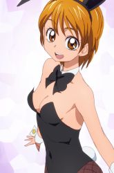 Rule 34 | 00s, 1girl, :d, animal ears, bare shoulders, bow, bowtie, breasts, brown eyes, brown hair, cleavage, fake animal ears, fishnet pantyhose, fishnets, futari wa precure, looking at viewer, misumi nagisa, oimanji, open mouth, pantyhose, playboy bunny, precure, rabbit ears, rabbit tail, short hair, small breasts, smile, solo, tail