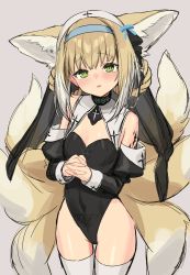 Rule 34 | 1girl, animal ears, arknights, bare shoulders, black leotard, blue hairband, blush, braid, covered navel, cowboy shot, detached sleeves, fox ears, fox girl, fox tail, green eyes, habit, hairband, highres, infection monitor (arknights), interlocked fingers, leotard, light brown hair, long sleeves, looking at viewer, material growth, multiple tails, oripathy lesion (arknights), own hands together, parted lips, sigm@, simple background, solo, suzuran (arknights), tail, thighhighs