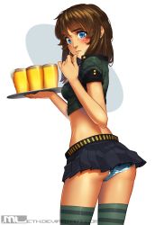 Rule 34 | 1girl, alcohol, ass, back, beer, blush, breasts, brooke (mleth), brown hair, cowboy shot, crop top, from behind, highres, lips, looking at viewer, looking back, microskirt, midriff, military, miniskirt, mleth, original, panties, pantyshot, pleated skirt, short hair, simple background, skirt, small breasts, solo, standing, striped clothes, striped panties, striped thighhighs, thighhighs, tray, underwear, waitress, white background, zettai ryouiki