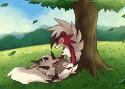 Rule 34 | animal ears, black hair, blue sky, claws, cloud, cloudy sky, colored sclera, creature, creatures (company), day, dog ears, dog tail, closed eyes, full body, furry, game freak, gen 7 pokemon, grass, hug, leaf, looking at another, looking down, lycanroc, lycanroc (midday), lycanroc (midnight), lying, multicolored hair, nintendo, on lap, on stomach, outdoors, headpat, pokemon, pokemon (creature), pokemon on lap, red eyes, red sclera, shiwo (siwosi), sitting, sky, sleeping, tail, tree, two-tone hair, white hair, wind