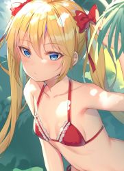 Rule 34 | 1girl, alexmaster, armpits, bare arms, bare shoulders, bikini, blonde hair, blue eyes, blush, bow, breasts, close-up, closed mouth, collarbone, hair bow, halterneck, halterneck, hand up, highres, leaf, long hair, looking at viewer, original, red bikini, red bow, side-tie bikini bottom, sidelocks, small breasts, solo, swimsuit, twintails