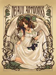 Rule 34 | 1girl, angel wings, art nouveau, breasts, brown hair, cleavage, food, fruit, grapes, green eyes, long hair, malino (dream maker), medium breasts, original, side slit, solo, wings