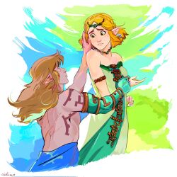 Rule 34 | 1boy, 1girl, arm strap, blonde hair, braid, breasts, choker, commentary, dress, earrings, english commentary, green dress, green eyes, highres, jewelry, link, nintendo, pointy ears, princess zelda, scar, scar on back, shoulder tattoo, signature, small breasts, strapless, strapless dress, tattoo, the legend of zelda, the legend of zelda: tears of the kingdom, thereinart
