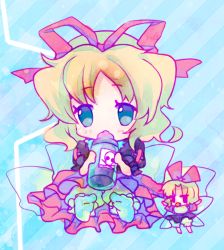 Rule 34 | 1girl, amo (shibu3), baby, baby bottle, bib, blonde hair, bloomers, blue eyes, bottle, chibi, female focus, hair ribbon, medicine melancholy, outstretched arms, pacifier, poison, ribbon, shirt, short hair, sitting, skirt, skull and crossbones, solo, tongue, tongue out, touhou, underwear, wings
