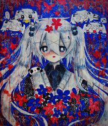 1girl absurdres blush commentary crying crying_with_eyes_open flower hair_flower hair_ornament hairclip highres kaikanaaaaa original pale_skin panda_girl_(kaikanaaaaa) scribble shirt solo sweater_vest symbol-only_commentary tears twintails white_hair