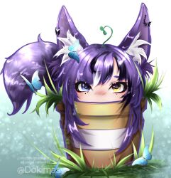 Rule 34 | 1girl, animal ear fluff, animal ears, artist name, awful queen (vtuber), bug, butterfly, chibi, dokimasy, flower pot, fox ears, fox girl, fox tail, grass, heterochromia, highres, indie virtual youtuber, insect, looking at viewer, mole, mole under eye, monster girl, purple hair, purple tail, tail