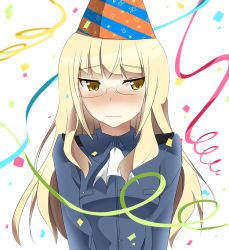 Rule 34 | 1girl, black okojo, blonde hair, blush, confetti, glasses, hat, military, military uniform, party hat, perrine h. clostermann, solo, strike witches, uniform, wavy mouth, world witches series, yellow eyes