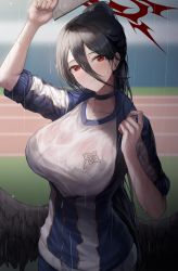 Rule 34 | 1girl, absurdres, arm up, black choker, black hair, black wings, blue archive, blue jacket, blurry, blurry background, blush, breasts, choker, closed mouth, collarbone, feathered wings, gym uniform, hair between eyes, halo, hand up, hasumi (blue archive), hasumi (track) (blue archive), high ponytail, highres, holding, jacket, large breasts, long hair, looking at viewer, low wings, mole, mole under eye, multicolored clothes, multicolored jacket, official alternate costume, outdoors, partially unzipped, ponytail, rain, red eyes, see-through, shirt, sidelocks, sleeves rolled up, smile, solo, torrentduck, track and field, track jacket, two-tone jacket, upper body, wet, wet clothes, white shirt, wings, zipper pull tab