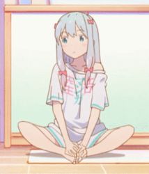 Rule 34 | 10s, animated, animated gif, barefoot, blue eyes, bow, butterfly sitting, eromanga sensei, closed eyes, feet, feet together, holding with feet, hair bow, hands on feet, indian style, izumi sagiri, lowres, non-web source, off shoulder, rocking, silver hair, sitting, smile, solo