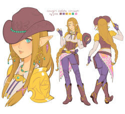 Rule 34 | 1girl, adapted costume, armor, artist name, ass, back, belt, blonde hair, boots, braid, breasts, brown footwear, circlet, corset, cowboy boots, cowboy hat, denim, earrings, elf, english text, feather earrings, feathers, female focus, fingerless gloves, full body, gloves, green eyes, gun, handgun, hat, hat over one eye, holster, holstered, jeans, jewelry, jivke, lips, long hair, long sleeves, looking at viewer, medium breasts, multiple views, necklace, nintendo, one eye closed, pants, pistol, pointy ears, princess zelda, purple gloves, shoulder armor, sidelocks, simple background, smile, standing, the legend of zelda, triforce, waving, weapon, white background, wink