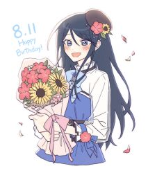 Rule 34 | 1girl, black hair, blue eyes, blush, bouquet, bow, brown headwear, cocov, commentary request, cowboy shot, dated, dot nose, flower, happy birthday, highres, holding, holding bouquet, hoshino ichika (project sekai), korean commentary, leaf, long hair, long sleeves, open mouth, pink bow, pink flower, project sekai, simple background, smile, solo, sunflower, white background
