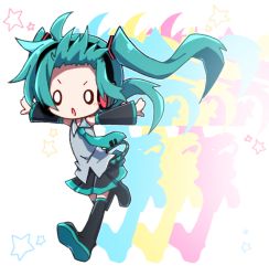 Rule 34 | 1girl, aosaki yato, aqua hair, aqua necktie, bare shoulders, black skirt, black sleeves, black thighhighs, blush, boots, chibi, detached sleeves, grey shirt, hair ornament, hatsune miku, headphones, highres, leg up, long hair, miniskirt, necktie, open mouth, outstretched arms, running, shirt, shoulder tattoo, silhouette, skirt, sleeveless, sleeveless shirt, solid oval eyes, solo, star (symbol), tattoo, thigh boots, thighhighs, twintails, v-shaped eyebrows, very long hair, vocaloid, zettai ryouiki