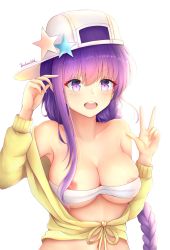 Rule 34 | 1girl, :d, arm up, bare shoulders, baseball cap, bb (fate), bb (fate) (all), bb (swimsuit mooncancer) (fate), bb (swimsuit mooncancer) (first ascension) (fate), bikini, blush, braid, breasts, cleavage, collarbone, commentary request, endsmall min, fate/grand order, fate (series), front-tie top, hair between eyes, hat, hat ornament, highres, jacket, long hair, long sleeves, medium breasts, navel, nipples, open mouth, purple eyes, purple hair, round teeth, sideways hat, signature, simple background, single braid, smile, solo, star (symbol), swimsuit, teeth, upper body, upper teeth only, v-shaped eyebrows, very long hair, white background, white bikini, white hair, yellow jacket
