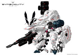 Rule 34 | copyright name, from side, gilbow (synduality), gun, gyoubu ippei, holding, holding gun, holding weapon, mecha, missile pod, official art, open hand, robot, simple background, solo, synduality, v-fin, weapon, white background