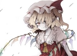 Rule 34 | 1girl, ascot, blonde hair, closed mouth, flandre scarlet, fleuriste, frilled shirt collar, frills, hat, hat ribbon, highres, looking at viewer, medium hair, mob cap, multicolored wings, pointy ears, red eyes, red ribbon, red skirt, red vest, ribbon, ribbon-trimmed headwear, ribbon trim, shirt, side ponytail, simple background, skirt, smile, solo, touhou, upper body, vest, white background, white hat, white shirt, wings, yellow ascot