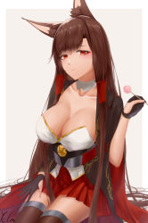 Rule 34 | 1girl, absurdres, akagi (azur lane), animal ears, artist name, azur lane, black gloves, black thighhighs, breasts, brown hair, cleavage, closed mouth, collarbone, fingerless gloves, gloves, hand on thigh, highres, holding, ichikushi mojibake, japanese clothes, large breasts, long hair, looking at viewer, red eyes, simple background, sitting, smile, solo, thighhighs