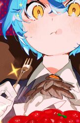 Rule 34 | 1girl, angela (project moon), ascot, black feathers, blue hair, blush, brooch, close-up, collared shirt, eating, feathers, food, fork, gloves, hamelon310, highres, holding, holding fork, jewelry, library of ruina, project moon, shirt, short hair, solo, sweat, white ascot, white gloves, white shirt, yellow eyes, yellow gemstone