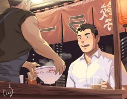 Rule 34 | 2boys, alcohol, bara, beer, beer mug, black hair, blush, commentary request, cup, food, food stand, gentle2nd, glass, holding, male focus, mature male, mug, multiple boys, muscular, muscular male, open mouth, original, shirt, short hair, smile, white shirt