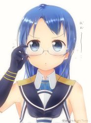 Rule 34 | 1girl, :o, adjusting eyewear, artist name, bare shoulders, blue eyes, blue hair, blue neckerchief, blush, commentary request, elbow gloves, glasses, gloves, kantai collection, looking at viewer, mae (maesanpicture), neckerchief, sailor collar, samidare (kancolle), school uniform, serafuku, shirt, simple background, sleeveless, sleeveless shirt, solo, swept bangs, upper body, v-shaped eyebrows, white background