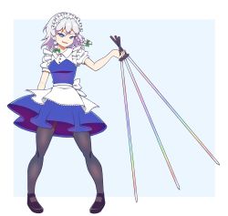 Rule 34 | 1girl, absurdres, apron, blue dress, blue eyes, braid, dress, frilled apron, frills, highres, izayoi sakuya, knife, maid, maid headdress, normkoto, pantyhose, puffy short sleeves, puffy sleeves, short hair, short sleeves, silver hair, touhou, twin braids, unconnected marketeers