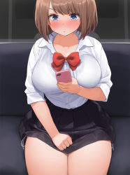 Rule 34 | 1girl, black shirt, blue eyes, blush, bow, bowtie, breasts, brown hair, cellphone, commentary request, holding, holding phone, kaisen chuui, large breasts, original, panties, phone, pleated skirt, red bow, red bowtie, school uniform, shirt, short hair, short sleeves, side-tie panties, side-tie peek, sitting, skirt, smartphone, solo, train interior, underwear, white shirt