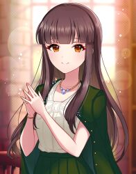 Rule 34 | 1girl, black hair, blunt bangs, blush, bracelet, brown eyes, buttons, closed mouth, collarbone, colored eyelashes, day, dot nose, eyelashes, hime cut, ich., idolmaster, idolmaster cinderella girls, indoors, jacket, jewelry, kurokawa chiaki, long hair, looking at viewer, necklace, open clothes, open jacket, pleated skirt, skirt, sleeveless, smile, solo, sunlight, window