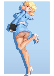 Rule 34 | 1girl, absurdres, aqua eyes, ass, belt, black belt, blonde hair, blue background, blue jacket, blue skirt, blush, border, breasts, clothes lift, commentary request, earrings, foot up, from behind, full body, green eyes, gundam, gundam 0083, high heels, highres, jacket, jewelry, lace, lace panties, large breasts, long sleeves, looking at viewer, looking back, medium breasts, medium hair, military, military uniform, miniskirt, nina purpleton, outside border, panties, panties under pantyhose, pantyhose, pumps, see-through, see-through legwear, shirt, shoes, siki2046, skirt, skirt lift, solo, standing, standing on one leg, thighband pantyhose, underwear, uniform, white border, white footwear, white panties, white pantyhose, white shirt