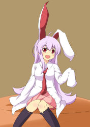 Rule 34 | 1girl, animal ears, bad id, bad pixiv id, be (o-hoho), blush, breasts, dress shirt, female focus, highres, kneehighs, long hair, miniskirt, necktie, open mouth, oversized clothes, oversized shirt, pink skirt, pleated skirt, purple hair, rabbit ears, red eyes, red necktie, reisen udongein inaba, shirt, sitting, skirt, sleeves past wrists, smile, socks, solo, touhou