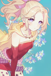 Rule 34 | 1girl, absurdres, bare shoulders, blonde hair, blue background, breasts, cape, closed mouth, collarbone, detached sleeves, dress, earrings, final fantasy, final fantasy vi, flower, highres, jewelry, long hair, looking at viewer, ponytail, purple eyes, red dress, small breasts, solo, strapless, strapless dress, tina branford, yua 666666