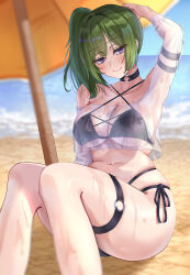 1girl arm_up armpits beach bikini black_bikini breasts choker cleavage commentary_request green_hair invisible_chair large_breasts long_hair looking_at_viewer navel o-ring o-ring_choker outdoors purple_eyes see-through_clothes side-tie_bikini_bottom side_ponytail sitting smile solo sousou_no_frieren swimsuit thigh_strap ubel_(sousou_no_frieren) uyufuzi_s wet