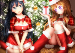 Rule 34 | 2girls, artist name, artist request, bare legs, black hair, blue hair, blush, boots, bow, bowtie, box, breasts, brown hair, capelet, checkered capelet, christmas, christmas lights, christmas tree, cleavage, cleavage cutout, clothing cutout, dark blue hair, dress, female focus, fur-trimmed capelet, fur-trimmed footwear, fur trim, gift, gift box, hair between eyes, hair over shoulder, hand on own knee, hat, highres, holding, holding gift, indoors, konoe kanata, long hair, looking at viewer, love live!, love live! nijigasaki high school idol club, miniskirt, multiple girls, navel, orange hair, parted lips, plaid, plaid dress, plaid skirt, pleated, pleated dress, pleated skirt, pom pom (clothes), purple eyes, red bow, red capelet, red footwear, red skirt, santa dress, santa hat, short sleeves, sitting, skirt, smile, yuki setsuna (love live!)
