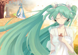 Rule 34 | 1boy, 1girl, autumn leaves, blue hair, blue scarf, cheshuilishang, closed eyes, facing viewer, grave, green hair, hair ribbon, hatsune miku, headphones, jewelry, kaito (vocaloid), long hair, necklace, ribbon, scarf, spring onion, tombstone, twintails, very long hair, vocaloid