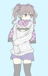 Rule 34 | 1girl, blush, brown eyes, brown hair, cat lingerie, checkered clothes, checkered scarf, cleavage cutout, clothing cutout, colorized, commentary request, hair between eyes, hair ornament, hair scrunchie, hand on own wrist, highres, himekaidou hatate, long hair, long sleeves, looking to the side, meme attire, naegi (naegidokoro), open-chest sweater, pink scarf, pointy ears, purple eyes, purple shorts, ribbed sweater, scarf, scrunchie, shorts, sleeves past wrists, solo, sweater, thighhighs, touhou, twintails