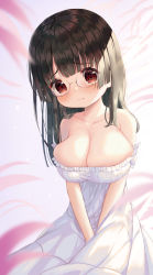 Rule 34 | 1girl, bare shoulders, black-framed eyewear, black hair, blurry, blurry foreground, blush, breasts, closed mouth, collarbone, commentary request, depth of field, detached sleeves, dress, frilled dress, frilled sleeves, frills, glasses, large breasts, light frown, long hair, looking at viewer, mimikaki (men bow), original, puffy short sleeves, puffy sleeves, red eyes, short sleeves, solo, strapless, strapless dress, tears, white dress, white sleeves