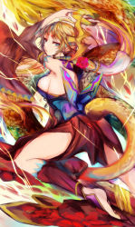 Rule 34 | 1girl, ahoge, arm up, armlet, bare shoulders, barefoot, blonde hair, blue eyes, breasts, detached sleeves, dragon girl, dragon horns, dragon tail, facial mark, forehead mark, gradient background, highres, horns, kanna (p&amp;d), kneeling, large breasts, long hair, mi bait, pointy ears, puzzle &amp; dragons, sideboob, solo, tail, toeless legwear