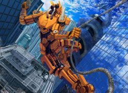 Rule 34 | blue sky, bt0509, cityscape, cloud, day, dragon, dutch angle, gun, highres, mecha, no humans, open mouth, original, rappelling, reflection, robot, rope, sky, weapon