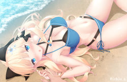 Rule 34 | 1girl, bare shoulders, beach, bent over, bikini, black bow, blonde hair, blush, bow, breasts, elf, flower, green bikini, hair bow, hair flower, hair ornament, ichio, large breasts, layered bikini, long hair, looking at viewer, lying, navel, on back, open mouth, pointy ears, princess connect!, saren (princess connect!), saren (summer) (princess connect!), solo, swimsuit, thighs, yuuki (princess connect!)