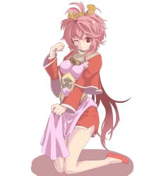 Rule 34 | 1girl, breasts, brown eyes, character request, closed mouth, commentary request, dress, full body, hair ornament, kneeling, long sleeves, looking at viewer, medium breasts, medium hair, one eye closed, pink hair, pink tabard, red dress, red footwear, sangokushi taisen, shimotsuki nozomi, shoes, sidelocks, simple background, smile, solo, tabard, white background