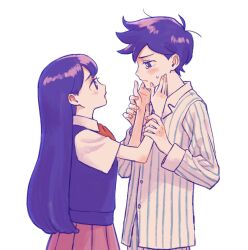 Rule 34 | 1boy, 1girl, crying, crying with eyes open, hero (headspace) (omori), hero (omori), highres, long hair, long sleeves, mari (headspace) (omori), mari (omori), neckerchief, omori, pajamas, pleated skirt, purple eyes, purple hair, red neckerchief, red skirt, renshu usodayo, shirt, short hair, short sleeves, simple background, skirt, striped clothes, striped shirt, tears, vertical-striped clothes, vertical-striped shirt, white background, white shirt