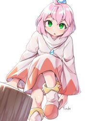 Rule 34 | 1girl, ahoge, boots, final fantasy, final fantasy fables, fun bo, green eyes, looking at viewer, open mouth, pink hair, robe, shirma, short hair, simple background, solo, white background, white mage (final fantasy)