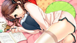 Rule 34 | 1girl, amagami, ass, bed, bed sheet, between legs, blue shirt, book, breasts, brown eyes, brown hair, cardigan, cleavage, closed mouth, cookie, cup, end card, food, hair ribbon, hair strand, hand between legs, heart, highres, holding, holding pencil, hot chocolate, large breasts, long hair, looking at viewer, lying, macaron, mug, nakata sae, non-web source, notebook, official art, on bed, on side, open book, open cardigan, open clothes, pastry, pen, pencil, pillow, polka dot, polka dot shirt, production art, ribbon, shirt, short shorts, shorts, skindentation, sleeves past wrists, smile, solo, steam, sumeragi kohaku, swept bangs, thighhighs, thighs, tray, twintails, wavy hair, white cardigan, white shorts, white thighhighs, writing