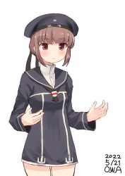 Rule 34 | 1girl, artist name, black dress, black hat, black neckerchief, black sailor collar, breasts, brown eyes, brown hair, clothes writing, commentary request, dated, dress, hat, highres, kantai collection, neckerchief, one-hour drawing challenge, owa (ishtail), red hair, sailor collar, sailor dress, sailor hat, short hair, simple background, small breasts, solo, white background, z3 max schultz (kancolle)