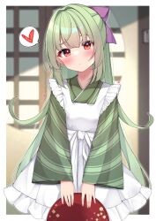 Rule 34 | 1girl, alternate costume, apron, blunt bangs, blurry, blurry background, blush, bow, closed mouth, commentary, cowboy shot, enmaided, eyes visible through hair, frilled apron, frills, green hair, green kimono, hair bow, half updo, head tilt, heart, highres, holding, holding tray, indoors, japanese clothes, kimono, long hair, long sleeves, looking at viewer, maid, maid apron, murasame (senren), purple bow, red eyes, senren banka, sidelocks, solo, spoken heart, standing, straight-on, straight hair, striped clothes, striped kimono, tray, variant set, very long hair, wa maid, white apron, wide sleeves, yosh1na