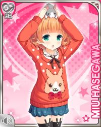 Rule 34 | 1girl, :o, animal, animal on head, arms up, black thighhighs, blonde hair, blue skirt, bow, card (medium), girlfriend (kari), green eyes, hasegawa miu, holding, holding animal, looking at viewer, official art, on head, open mouth, pink background, qp:flapper, rabbit, red shirt, shirt, short hair, skirt, solo, tagme, thighhighs, zettai ryouiki