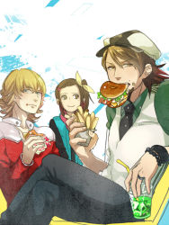 Rule 34 | 10s, 1girl, 2boys, 325 (im24), age difference, bad id, bad pixiv id, barnaby brooks jr., blonde hair, bow, bracelet, braid, braided bangs, brown eyes, brown hair, burger, cabbie hat, eating, facial hair, father and daughter, food, french fries, glasses, green eyes, hair bow, hair ornament, hairclip, hamburgers, hat, jacket, jewelry, kaburagi kaede, kaburagi t. kotetsu, mouth hold, multiple boys, necklace, necktie, outdoors, red jacket, ring, short hair, side ponytail, sky, striped legwear, stubble, tiger &amp; bunny, vest, waistcoat, watch, wedding band, wedding ring, wristwatch