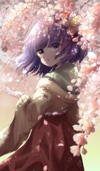 Rule 34 | 1girl, arm up, branch, cherry blossoms, commentary, cowboy shot, dappled sunlight, day, expressionless, eyes visible through hair, flower, from side, hair blowing, hair flower, hair ornament, hair ribbon, head tilt, hieda no akyuu, highres, japanese clothes, kayon (touzoku), kimono, layered clothes, layered kimono, long sleeves, looking at viewer, open hand, outdoors, parted lips, purple hair, ribbon, short hair, solo, standing, sunlight, touhou, tree, under tree