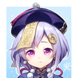 Rule 34 | 1girl, bead necklace, beads, chinese clothes, coin hair ornament, commentary, earrings, english commentary, genshin impact, hair ornament, hat, hikariin25, jewelry, jiangshi, long hair, looking at viewer, necklace, ofuda, purple eyes, purple hair, qingdai guanmao, qiqi (genshin impact), sidelocks, simple background, smile, solo, two-tone background, vision (genshin impact)