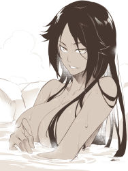 Rule 34 | 1girl, asutora, bathing, black hair, bleach, breasts, collarbone, commentary request, completely nude, dark-skinned female, dark skin, greyscale, hair censor, large breasts, long hair, looking at viewer, monochrome, nude, onsen, partially submerged, shihouin yoruichi, simple background, smirk, solo, teeth, upper body, water, wet, white background