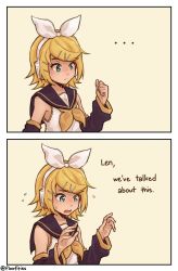 Rule 34 | ..., 1girl, 2koma, bare shoulders, black collar, black sleeves, blonde hair, blue eyes, blush, bow, collar, comic, commentary, detached sleeves, english commentary, english text, floofities, furrowed brow, hair bow, hair ornament, hairclip, hands up, headphones, highres, kagamine rin, nail polish, neckerchief, open mouth, sailor collar, school uniform, shirt, short hair, sleeveless, sleeveless shirt, sweatdrop, swept bangs, treble clef, twitter username, upper body, vocaloid, white bow, white shirt, yellow background, yellow nails, yellow neckerchief