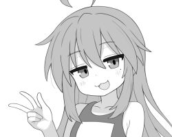 Rule 34 | 1girl, :3, :d, ahoge, commentary, english commentary, greyscale, hand up, izumi konata, jitome, long hair, looking at viewer, lucky star, mikoscrub, monochrome, open mouth, school swimsuit, smile, solo, swimsuit, upper body, w